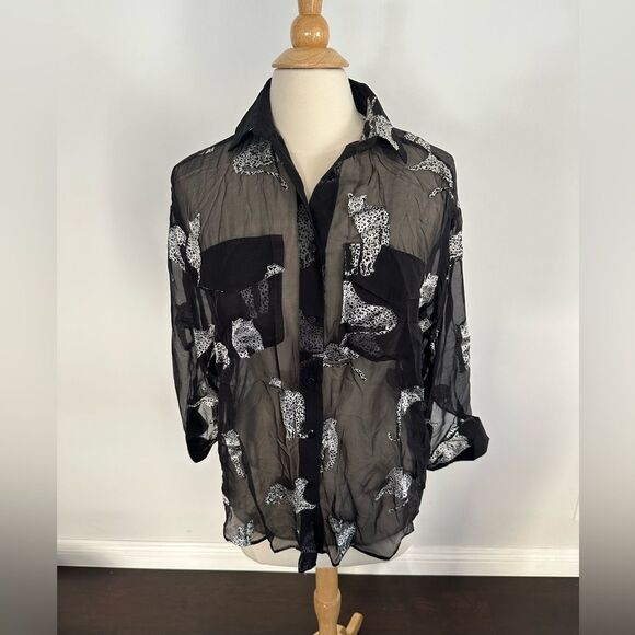 The Kooples Panther Women's Blouse Black Burnout Chiffon Long Sleeve Top Size 1 - Picture 2 of 7